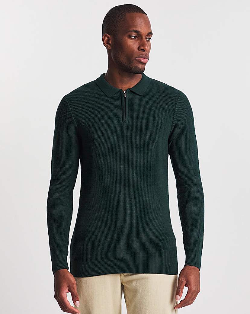 green waffle long sleeve zip knit polo