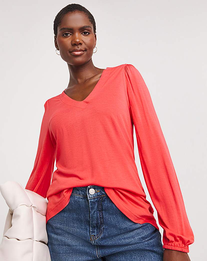 Coral V-Neck Long Blousin Sleeve Tea Top