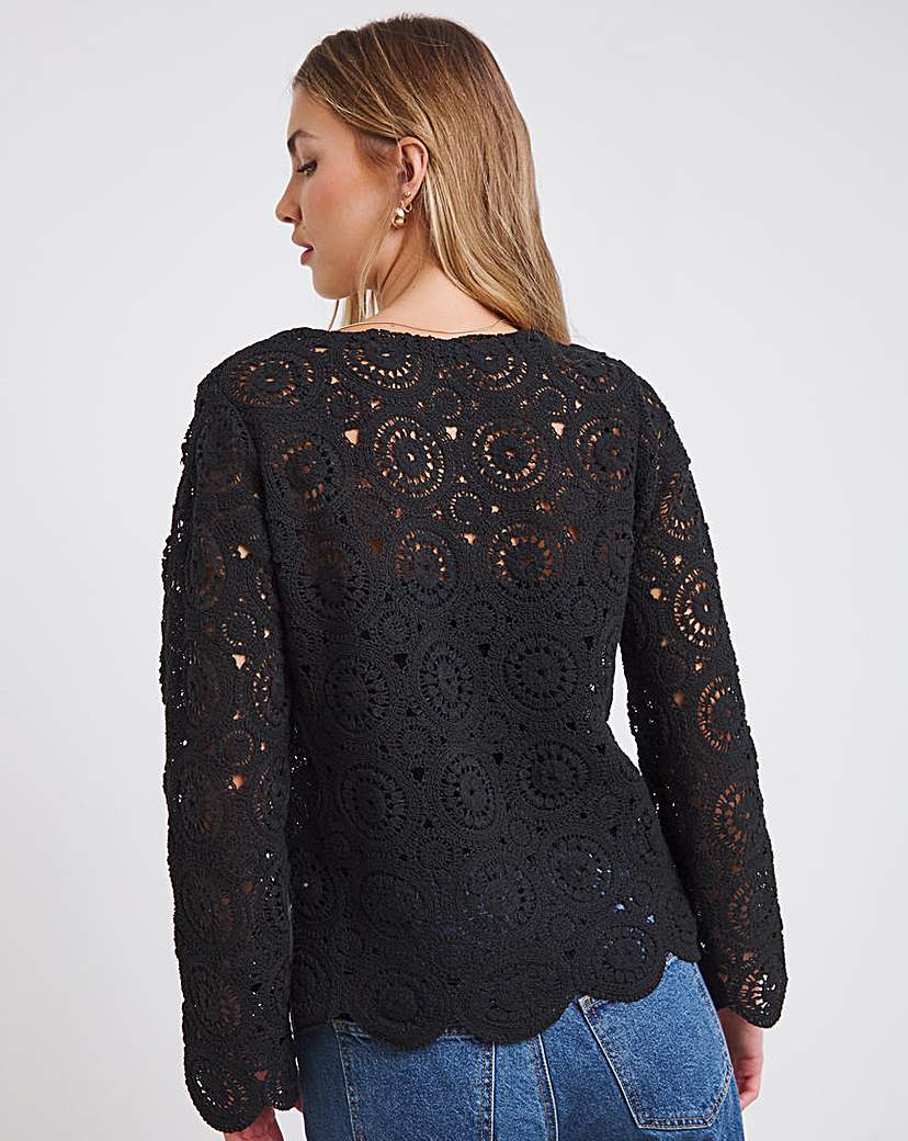 Black Crochet Tie Front Cardigan