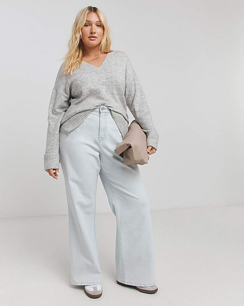 Grey Slouchy V Neck Longline Jumper