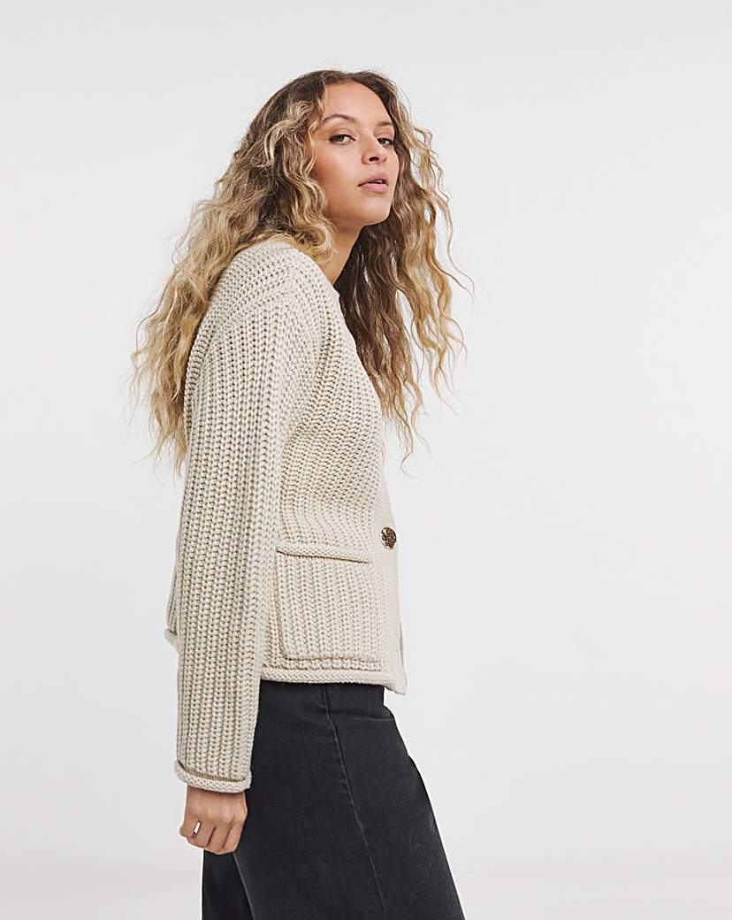 Stone Chunky Knit Crew Neck Cardigan