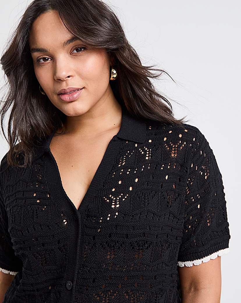 Pointelle Collared Knit Top