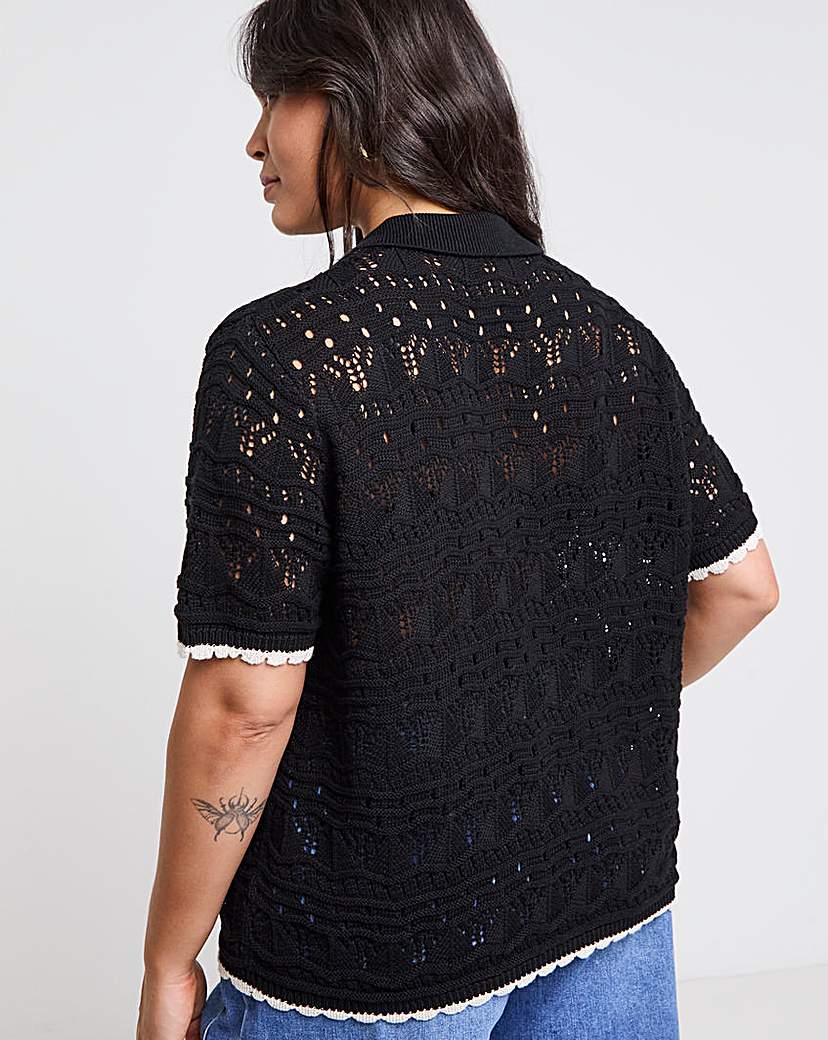 Pointelle Collared Knit Top