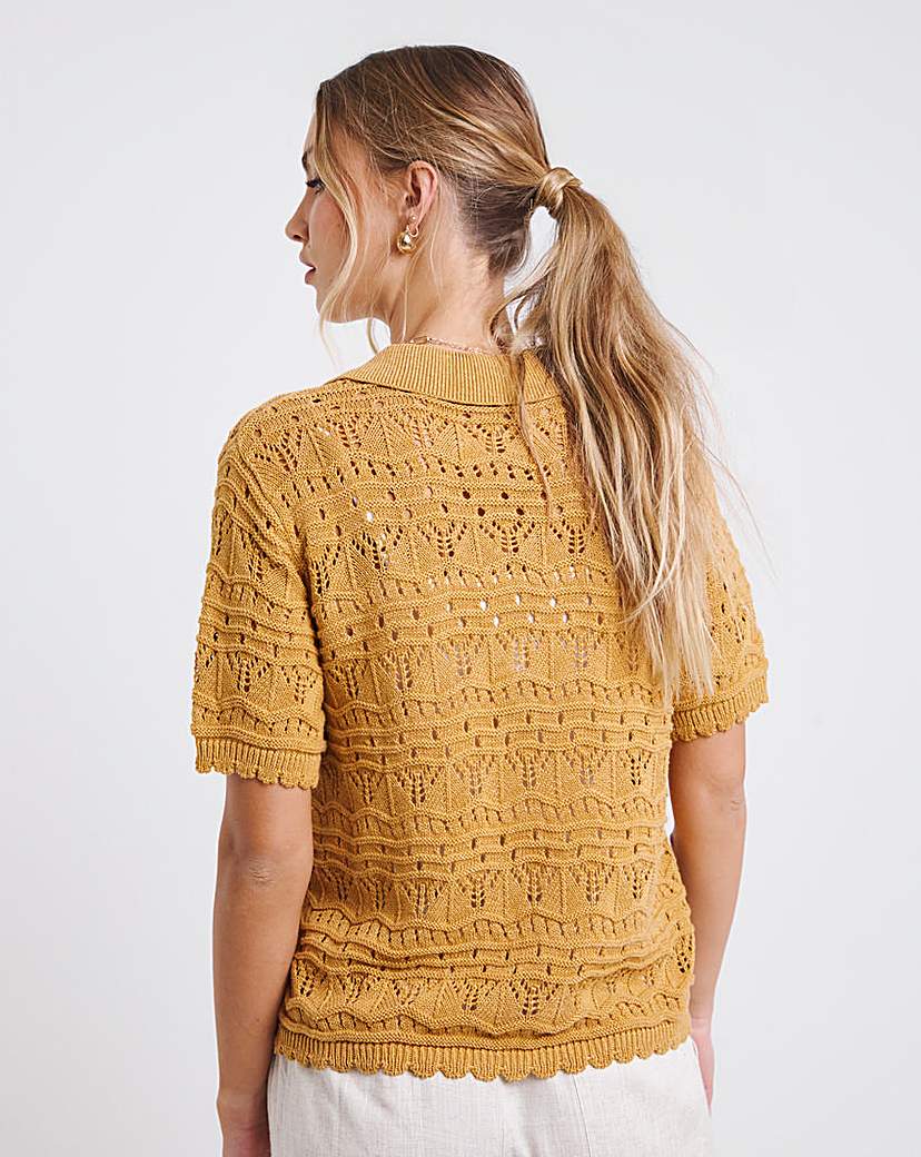 Pointelle Collared Knit Top