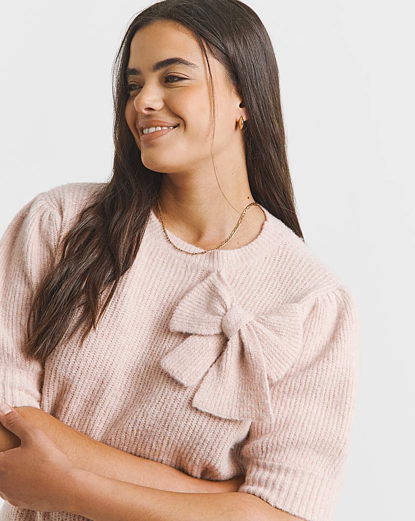 Puff Sleeve Bow Applique Knitted Top