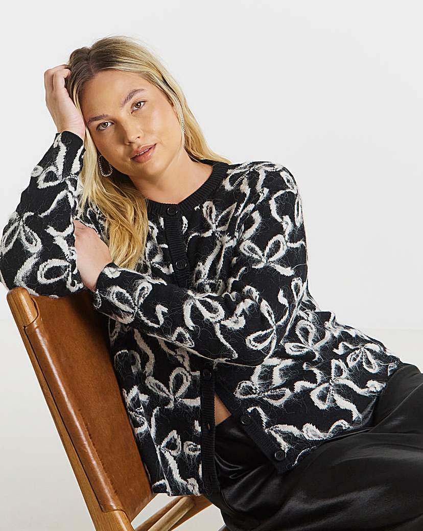 New In - Bow Print Fluffy Crew Neck Cardigan