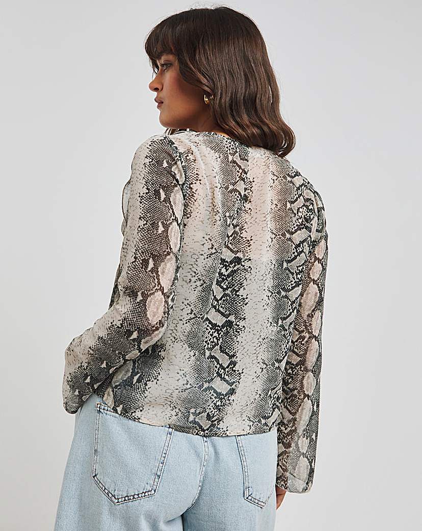 Snake Print Sheer Ruffle Blouse