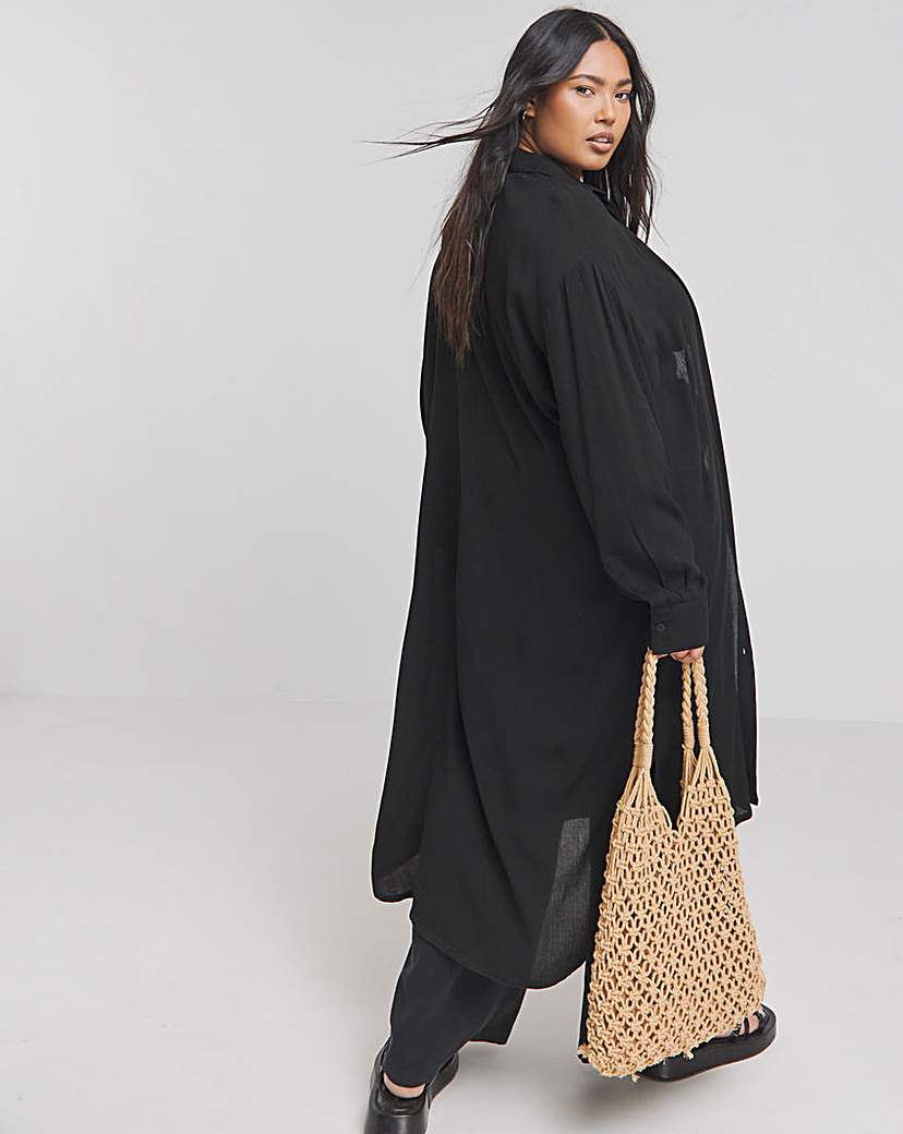 Black Longline Crinkle Shirt