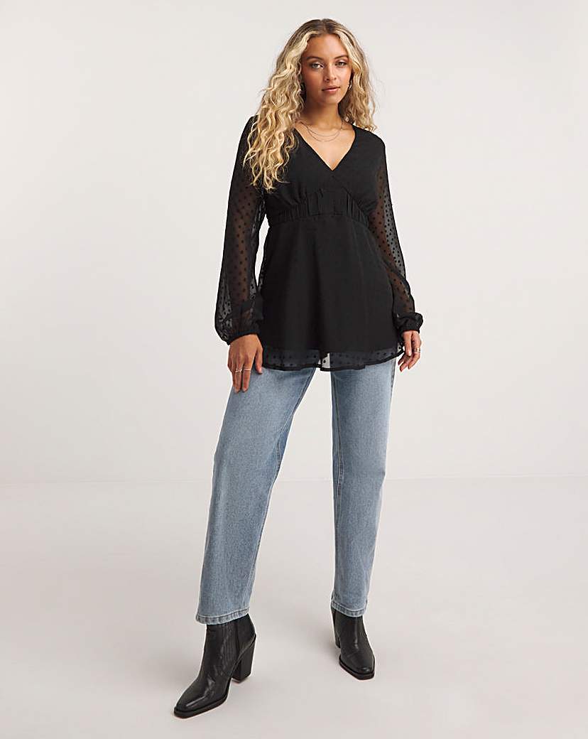 Dobby V Neck Ruched Waist Blouse
