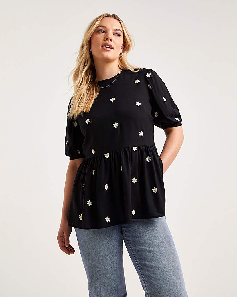 Black Embroidered Puff Sleeve Top