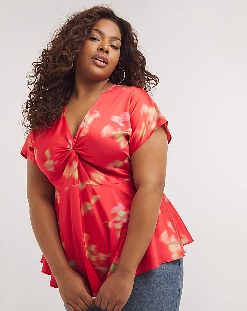 Red Floral Twist Front Satin Blouse - Red Floral