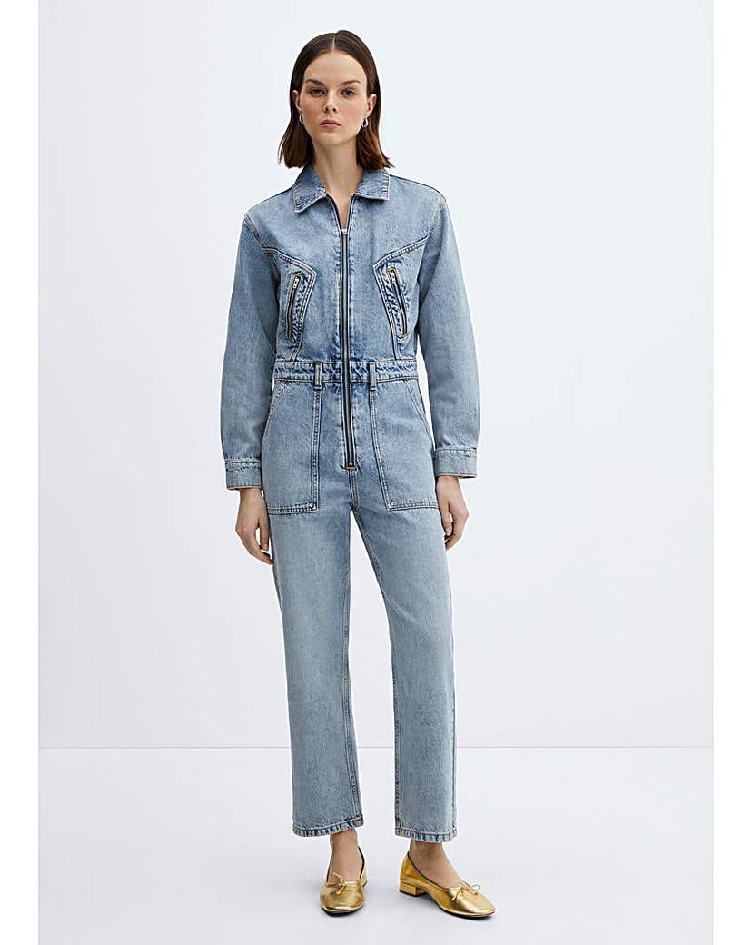 Mango One-Piece Denim Zipper Jumpsuit