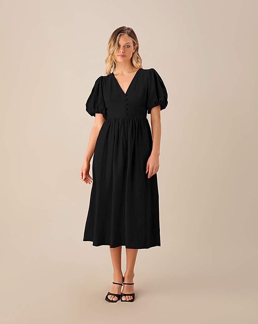 Ro&Zo Puff Sleeve V Neck Midi Dress