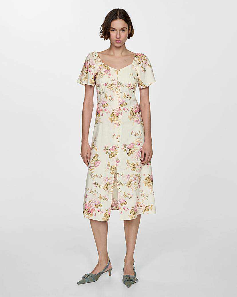 Mango Floral Pint Linen Midi Dress