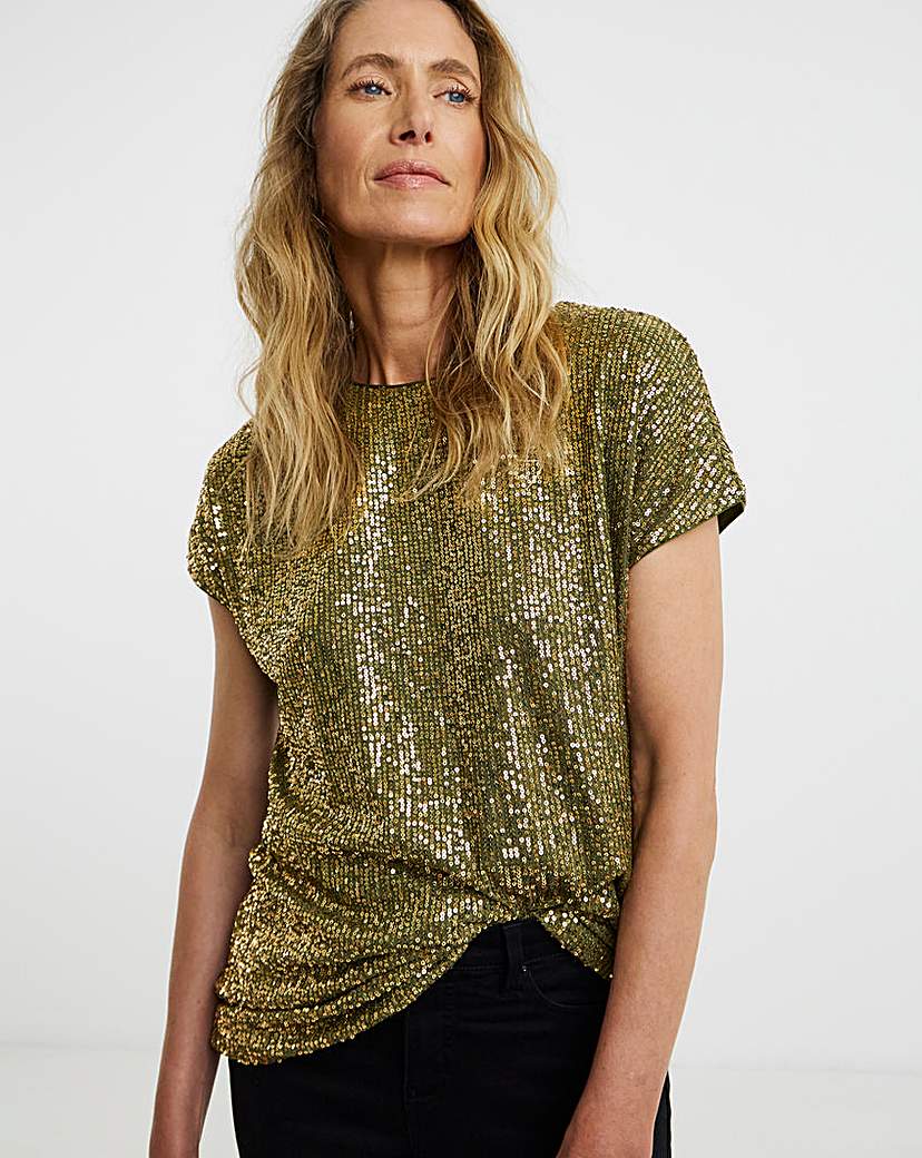 New In - Sequin Longline Curved Hem Top