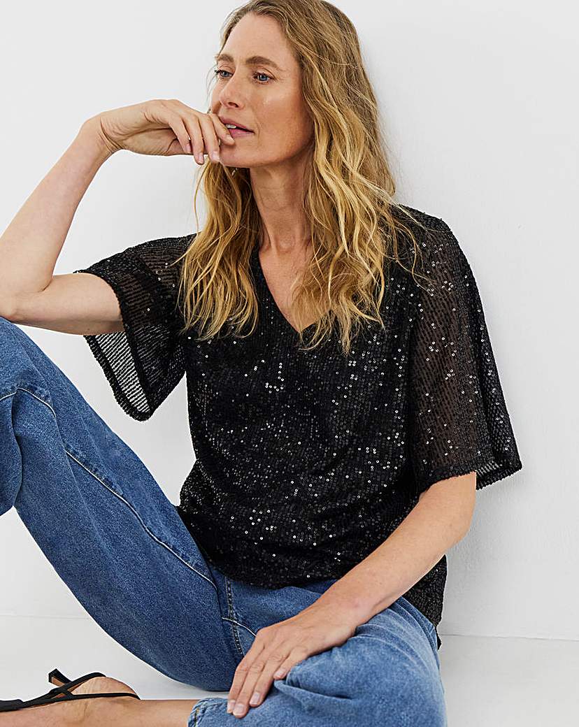 New In - Sequin V-Neck Angel Sleeve Top