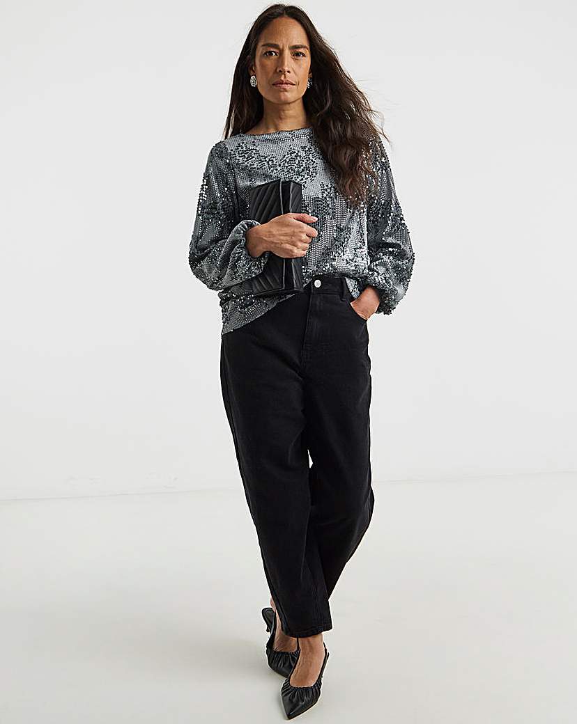 Velvet Sequin Slash Neck Volume Sleeve Top | JD Williams