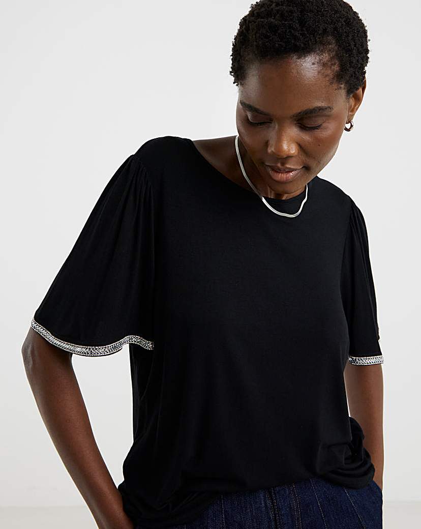 New In - Diamante Trim Crew Neck Angel Sleeve Top