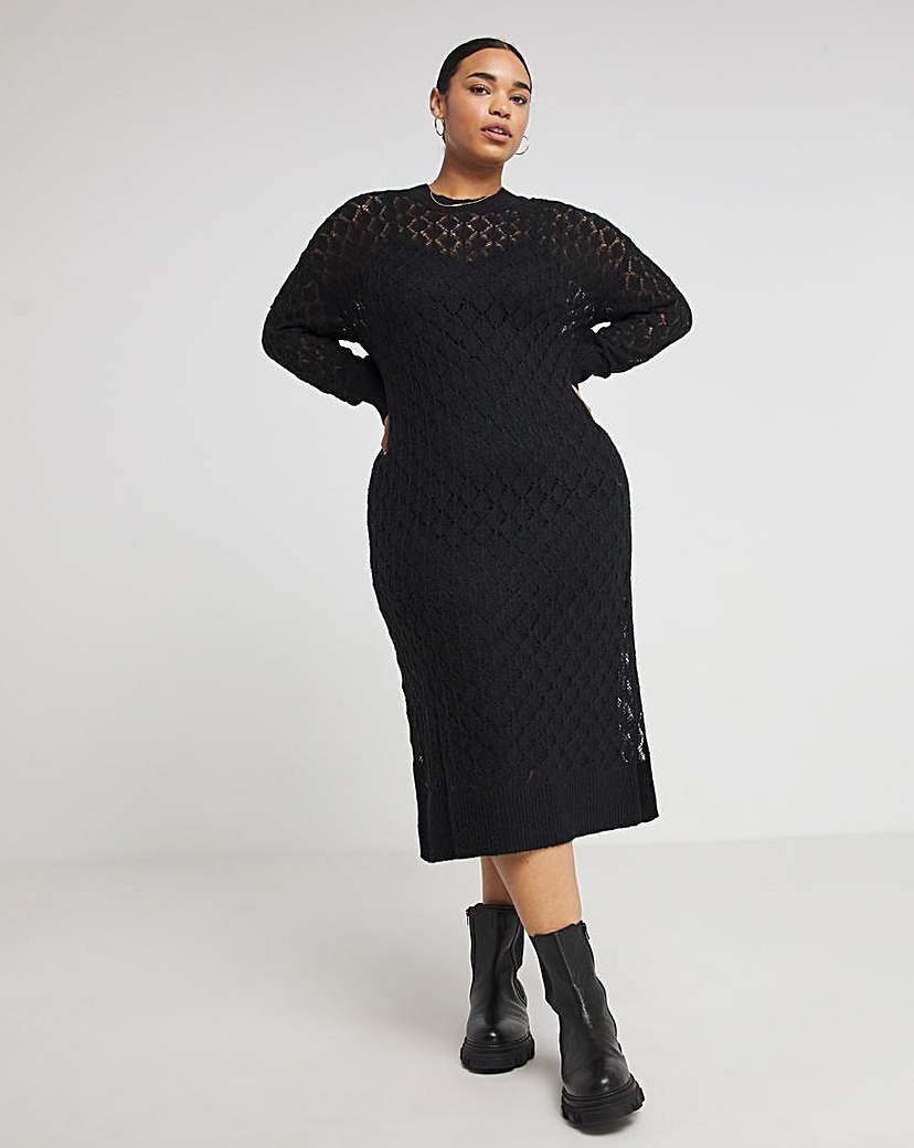 Black Pointelle Lace Midi Jumper Dress