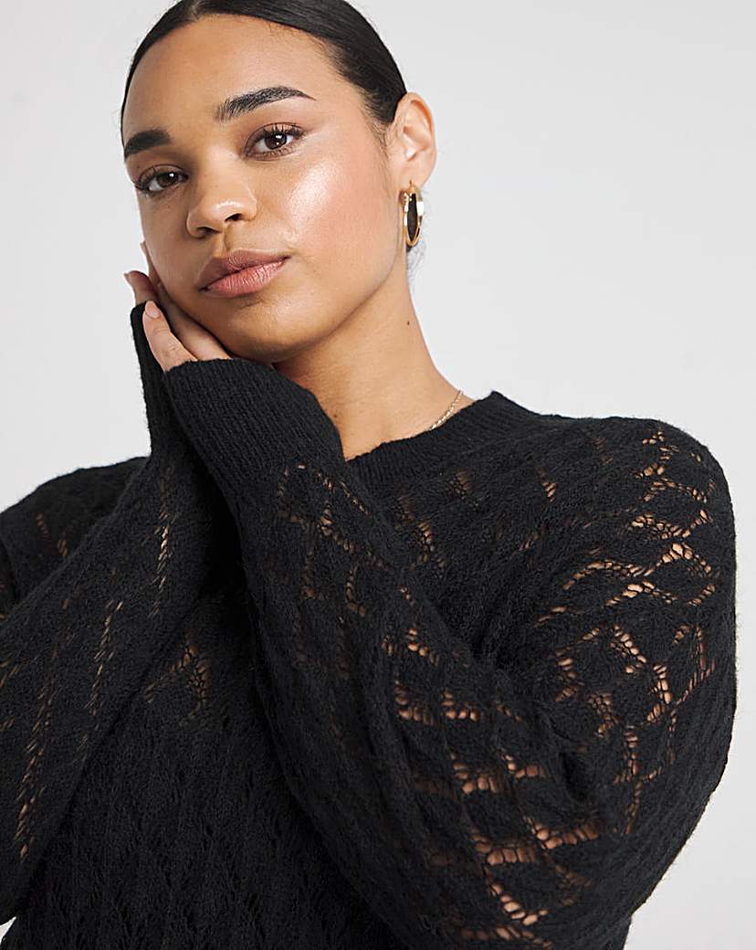 Black Pointelle Lace Midi Jumper Dress
