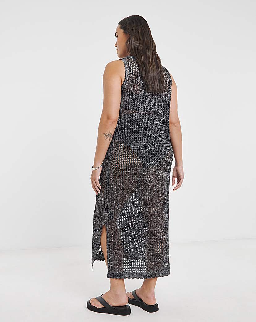 Black Metallic Hole Knit Midaxi Dress