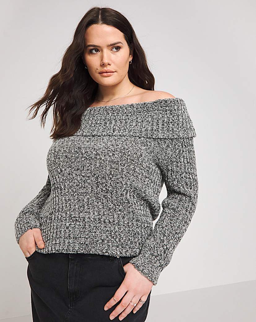 Grey Marl Rib Textured Knitted Bardot