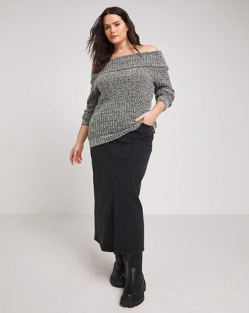 Grey Marl Rib Textured Knitted Bardot