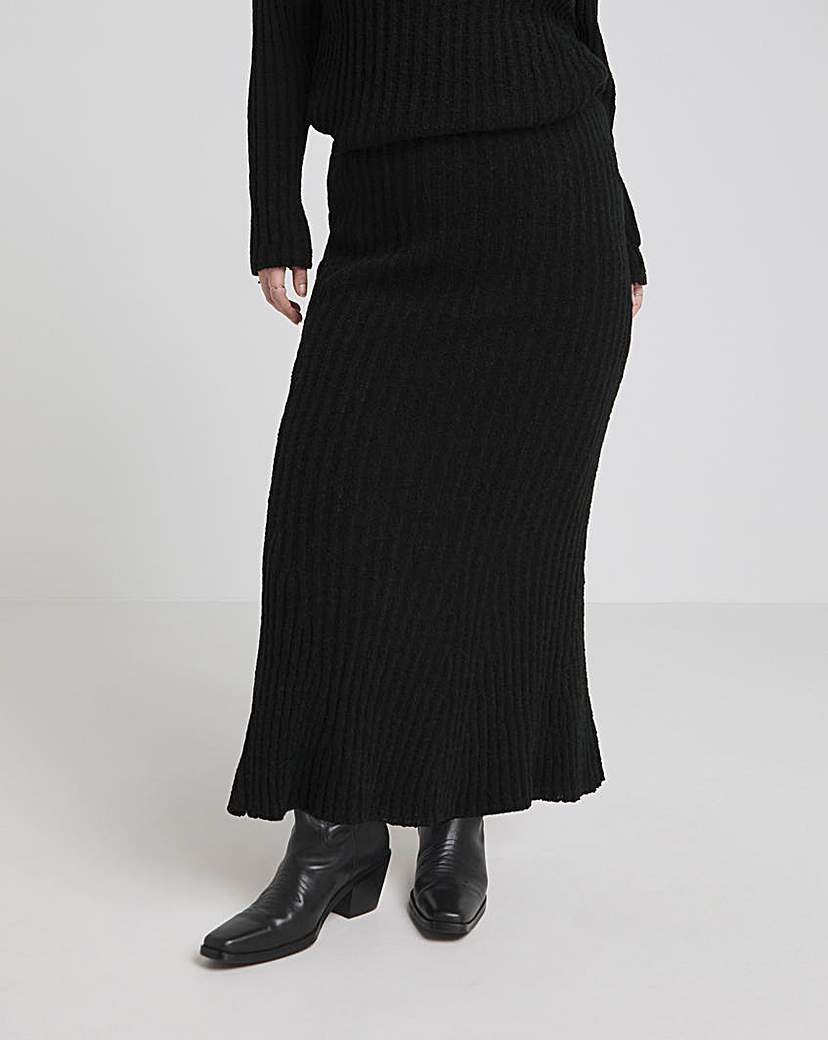 Black Rib Flared Hem Knit Maxi Skirt