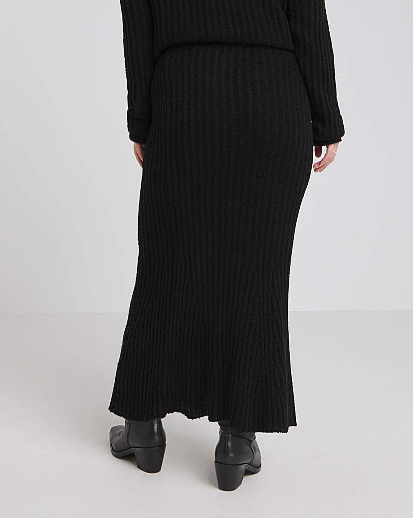 Black Rib Flared Hem Knit Maxi Skirt