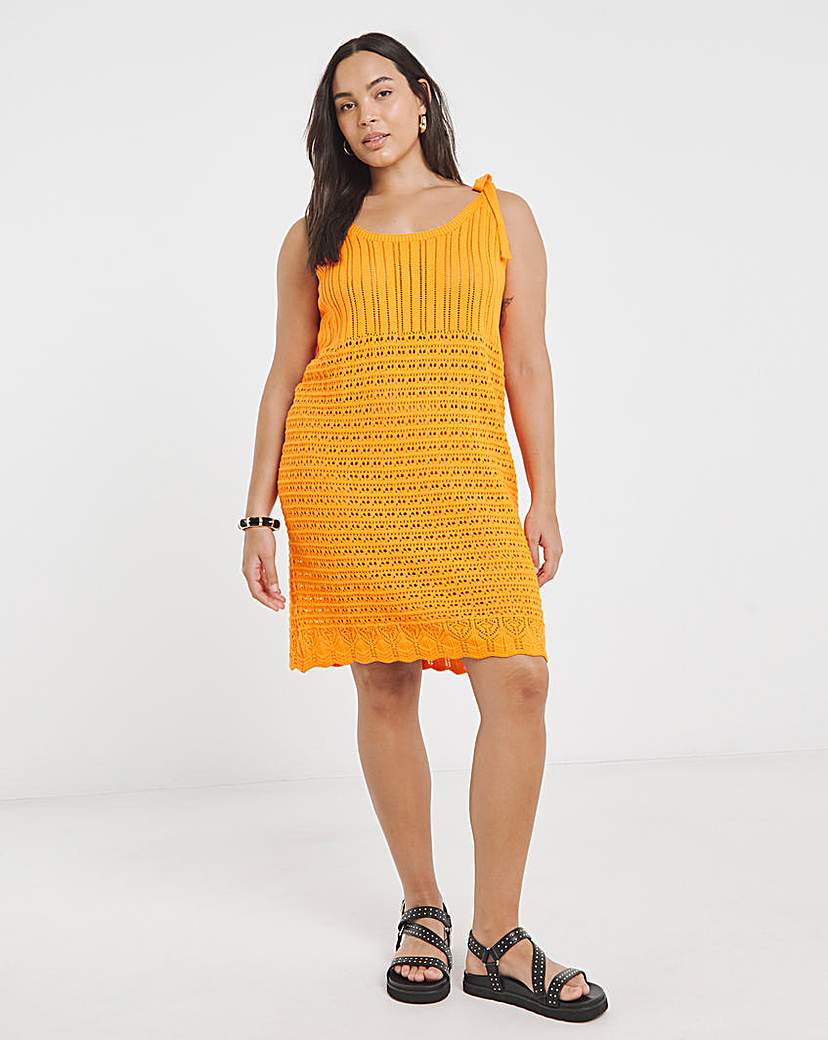 New In - Orange Tie Shoulder Crochet Mini Dress