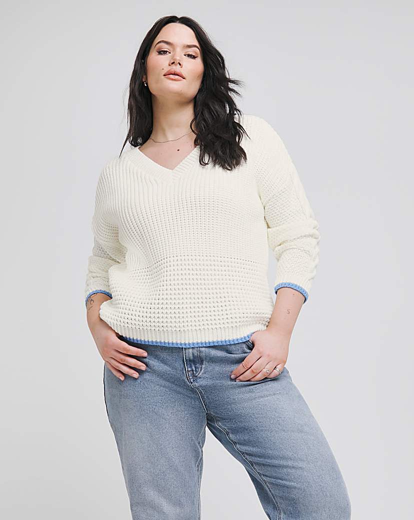Tipped V Neck Waffle Stitch Jumper