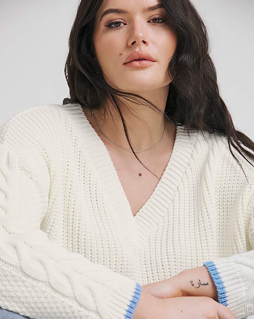 Tipped V Neck Waffle Stitch Jumper