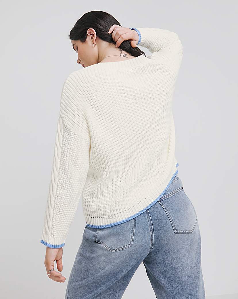 Tipped V Neck Waffle Stitch Jumper