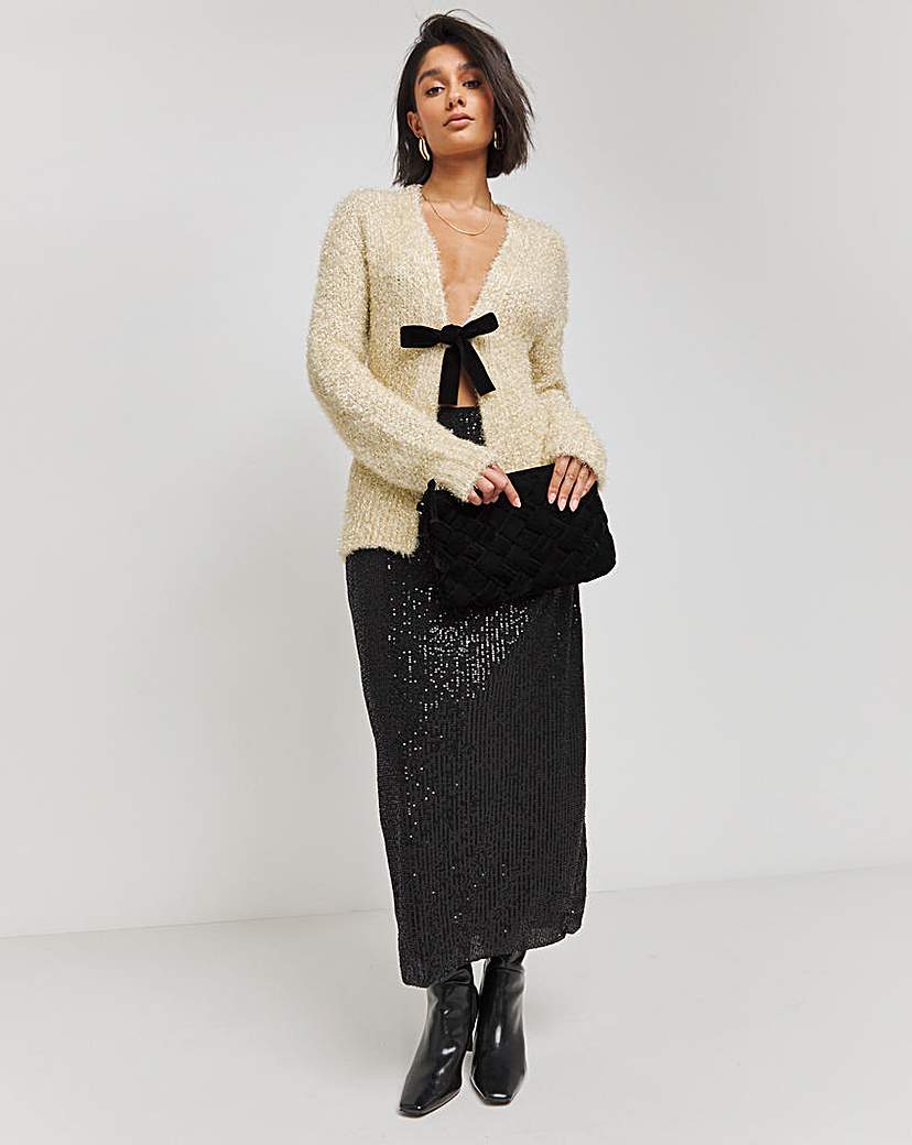 Gold Tinsel Tie Front Bow Cardigan