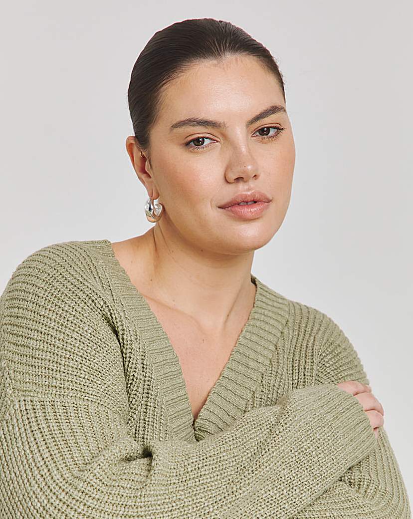 Sage Boucle V Neck Longline Jumper