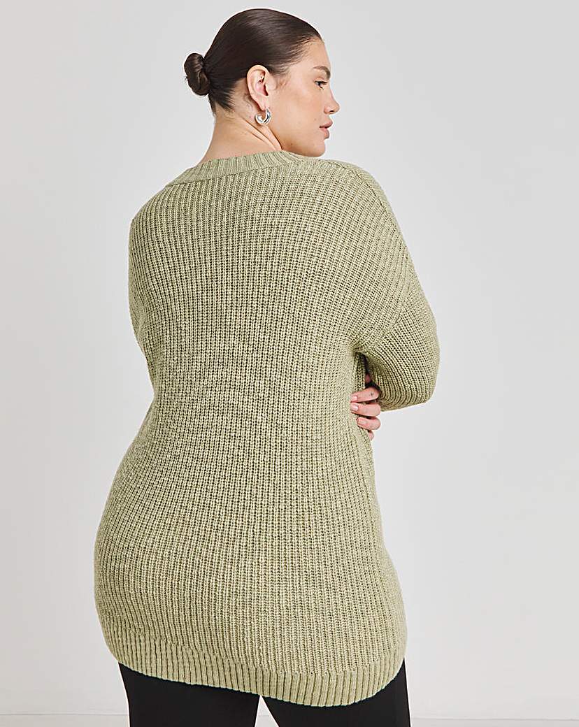 Sage Boucle V Neck Longline Jumper