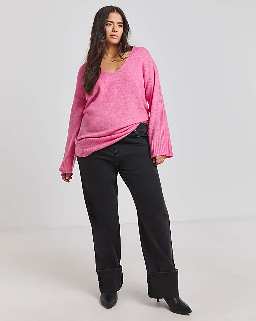 Pink Slouchy V Neck Longline Jumper