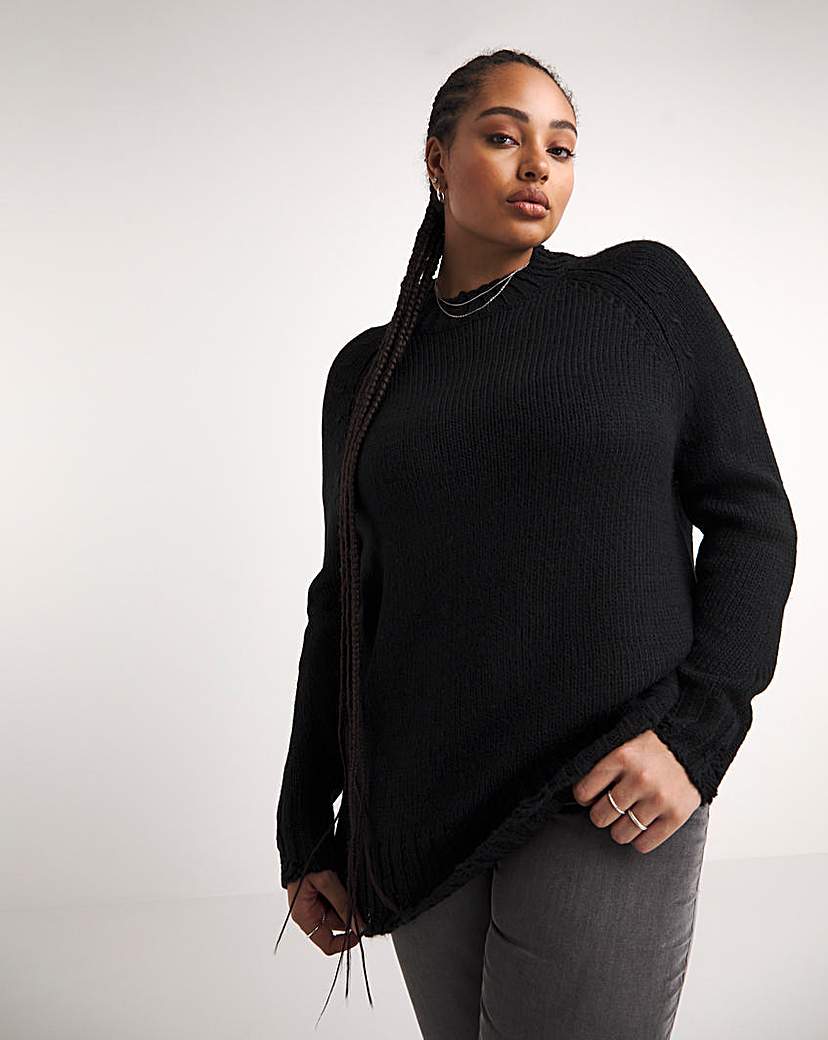 Black Distressed Longline Jumper - Black