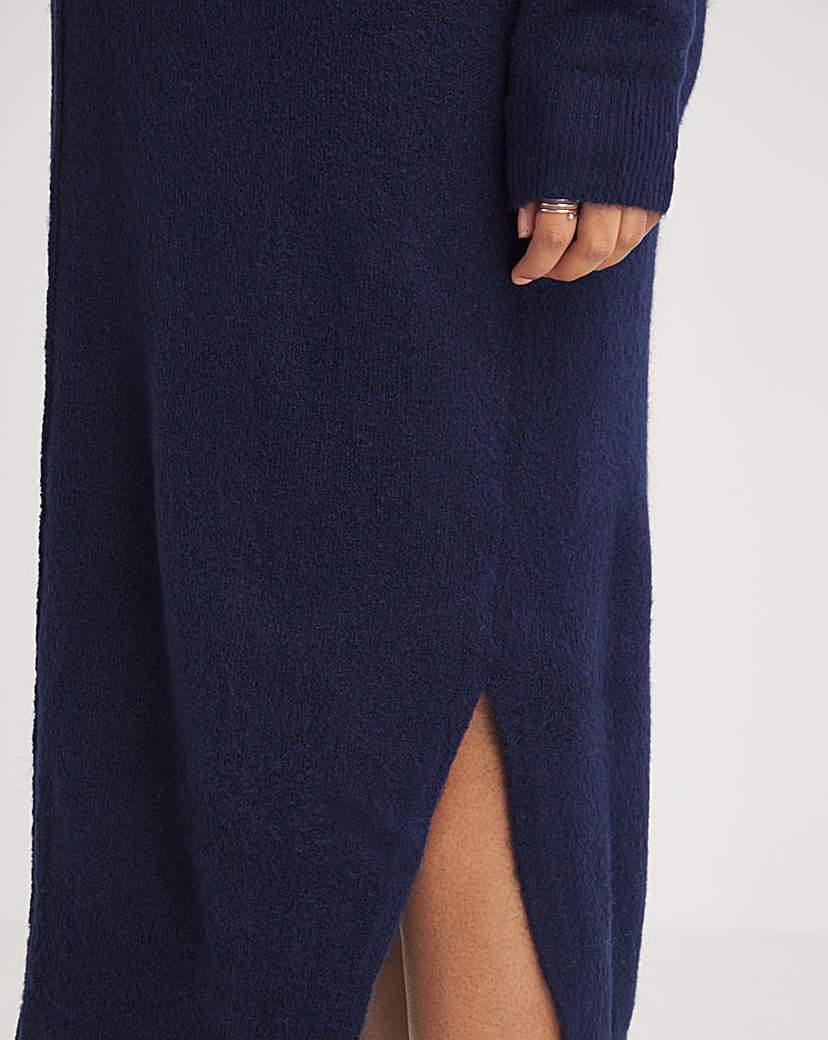 Navy V Neck Midaxi Knitted Dress