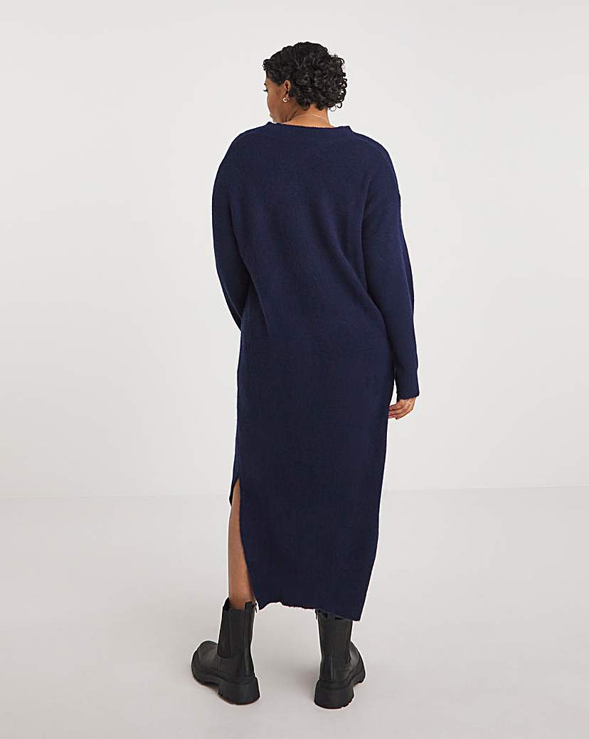 Navy V Neck Midaxi Knitted Dress