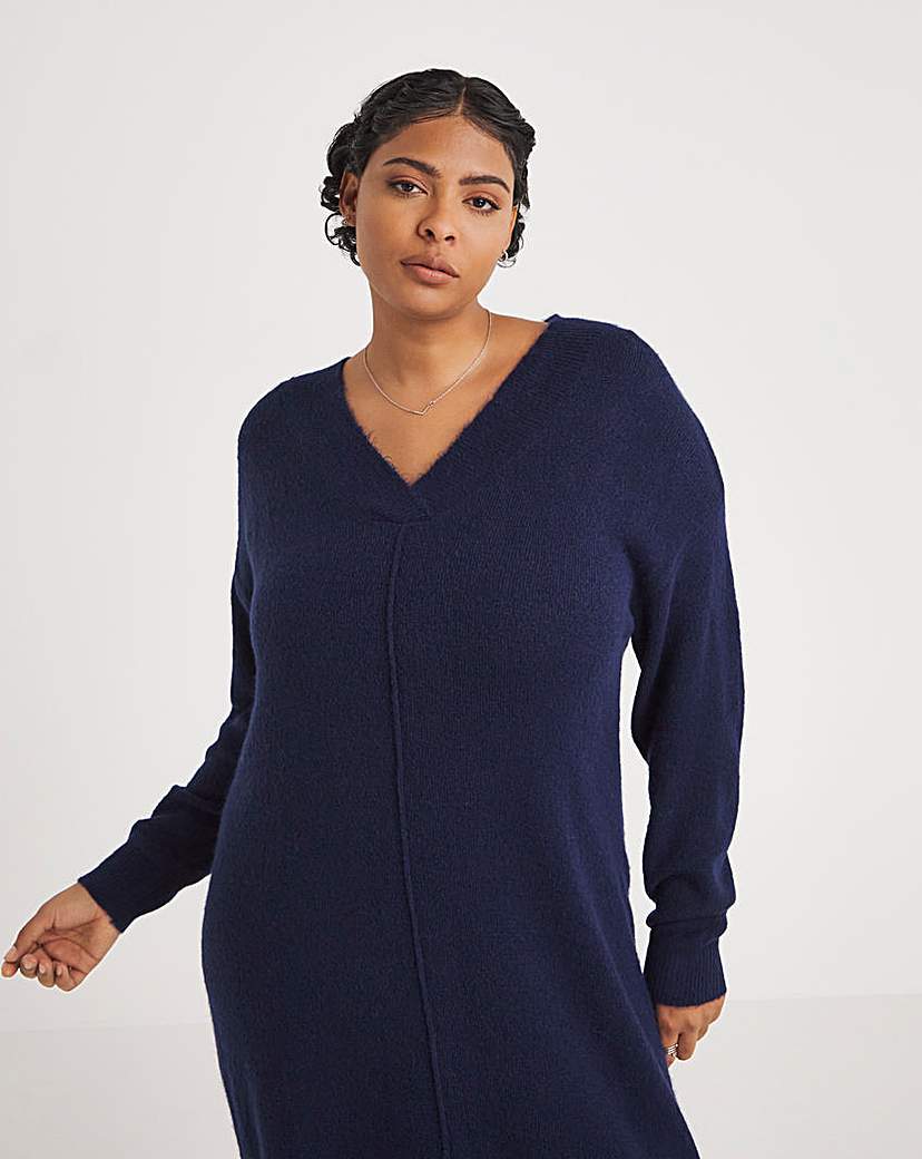 Navy V Neck Midaxi Knitted Dress