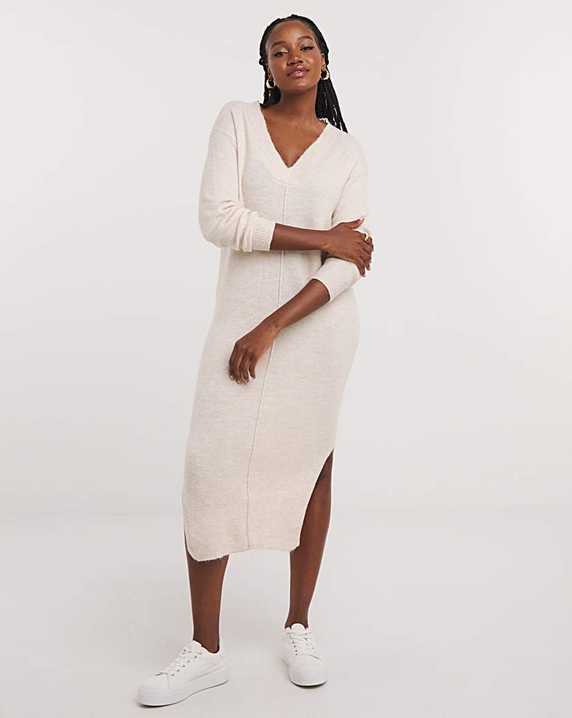 Oatmeal V Neck Midaxi Knitted Dress