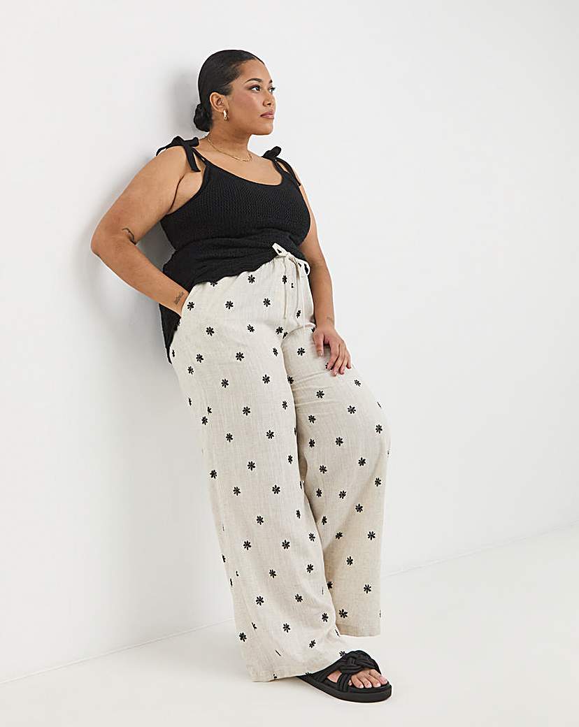Daisy Embroidered Linen Mix Wide Trouser
