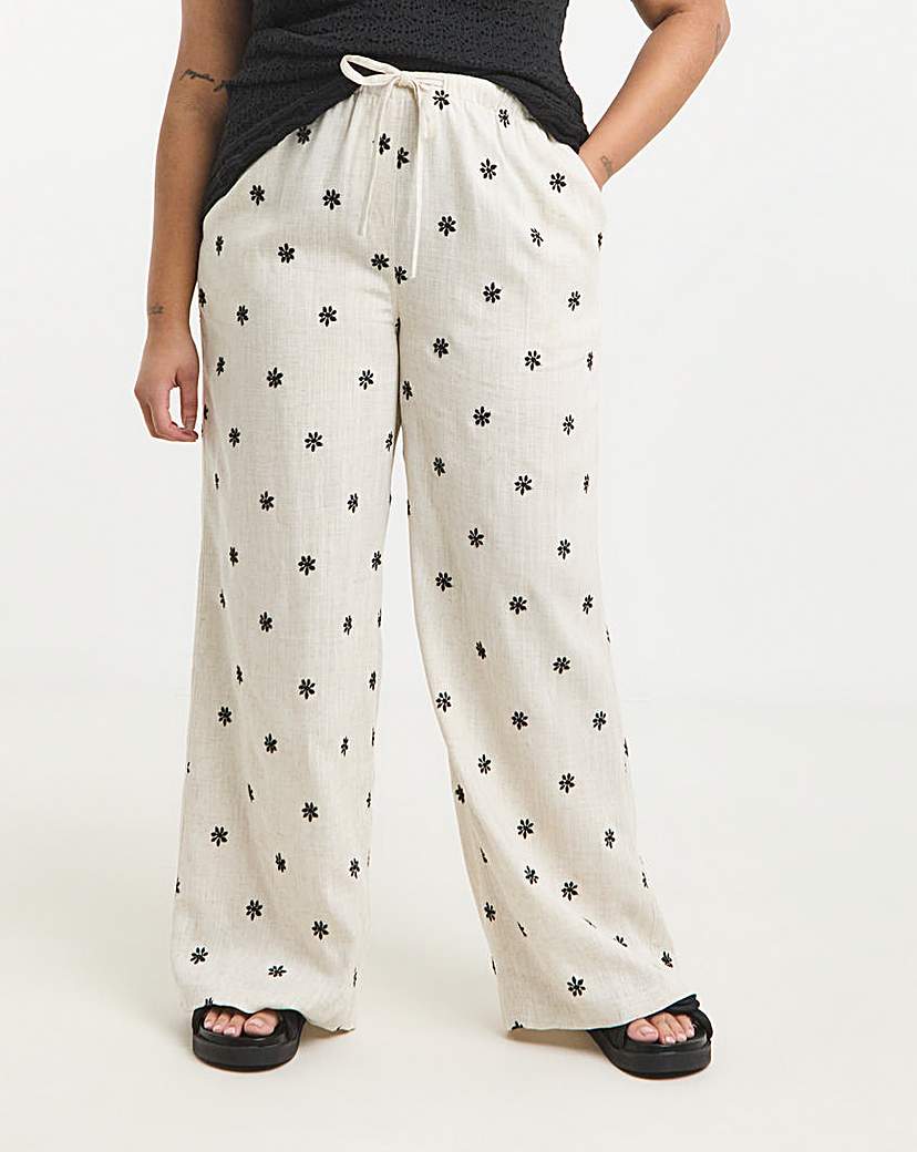 Daisy Embroidered Linen Mix Wide Trouser