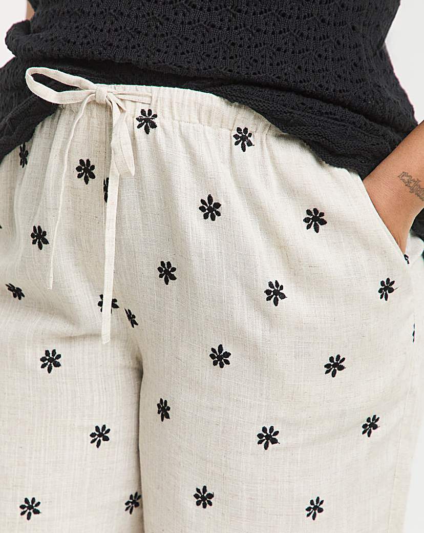 Daisy Embroidered Linen Mix Wide Trouser