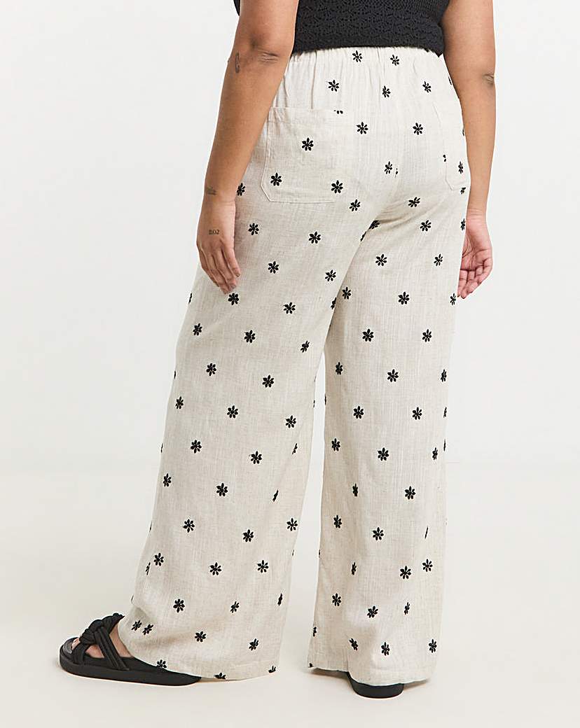 Daisy Embroidered Linen Mix Wide Trouser