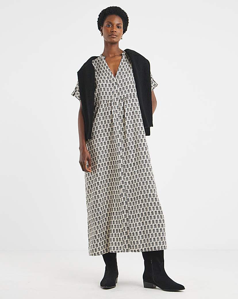 Collarless Placket Smock Dress