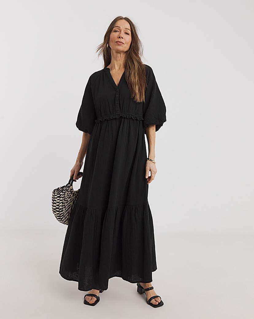 Pure Cotton Textured Bubble Sleeve Dress