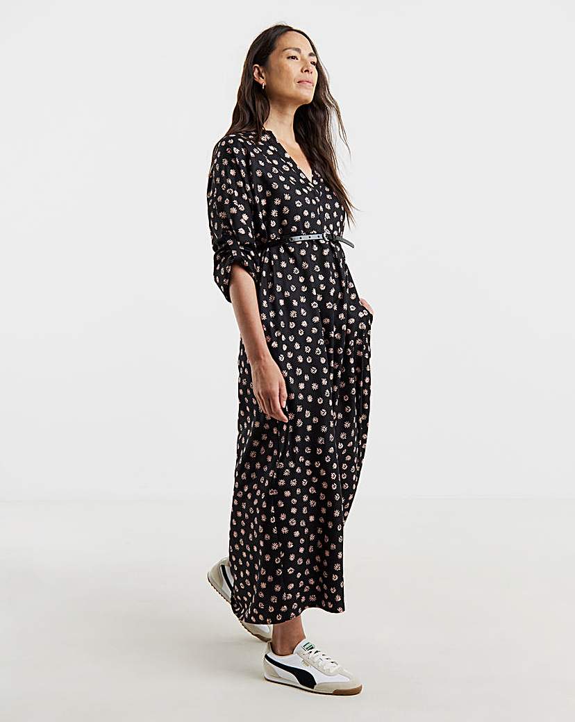 Collarless 3/4 Sleeve Smock Dress