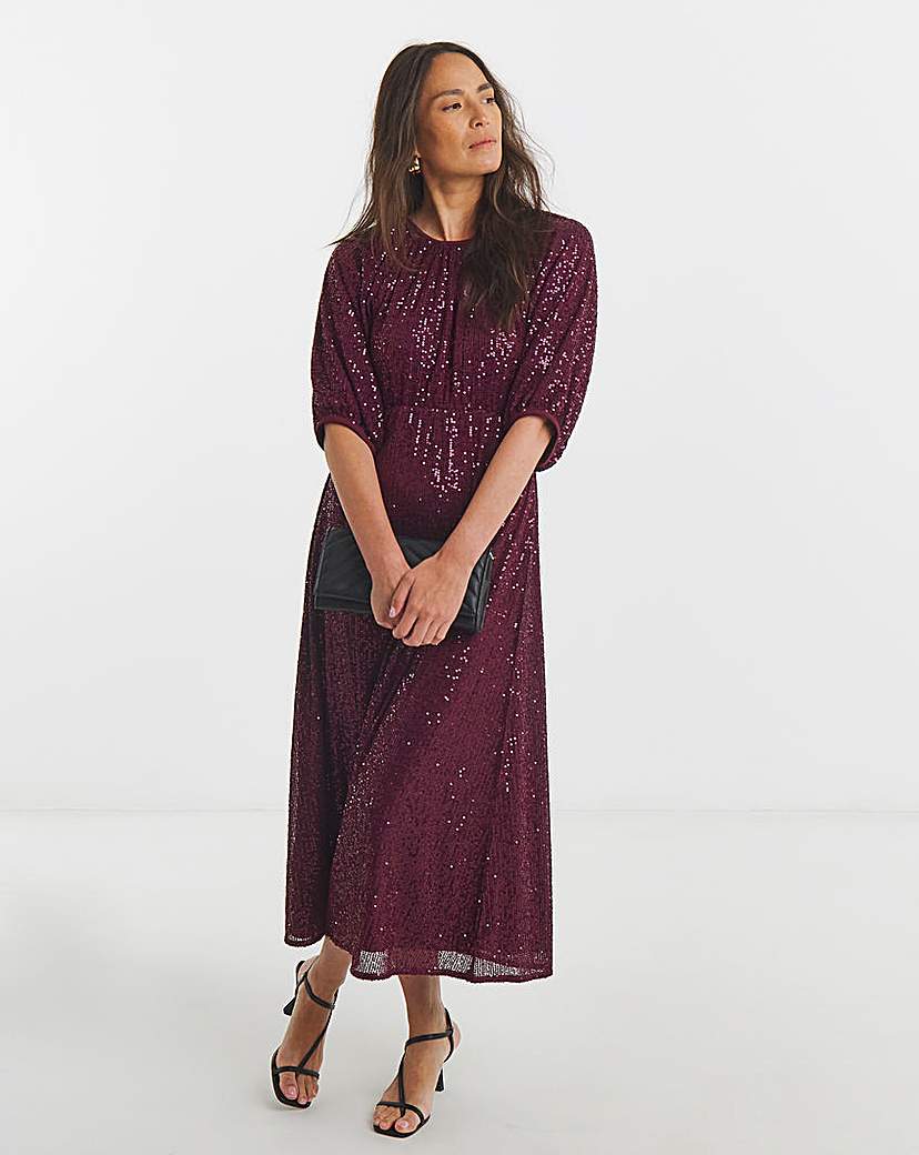 New In - Linear Sequin Puff Sleeve Midi Dress